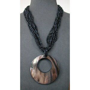 Black Beaded Necklace With Natural Shell Circle Pendant 16"